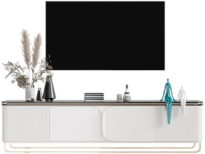 现代轻奢白色电视柜、电视机