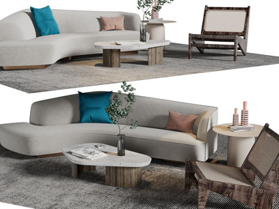 侘寂风弧形多人沙发、休闲椅子和茶几组合