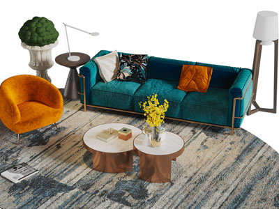 现代轻奢布艺多人、单人沙发和茶几组合