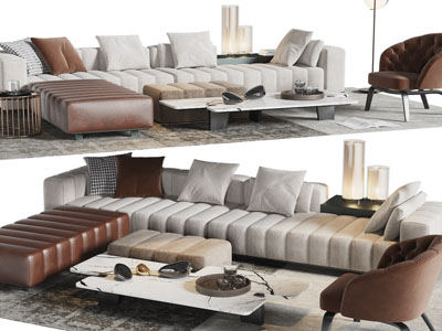 现代转角多人沙发、休闲椅子和茶几组合