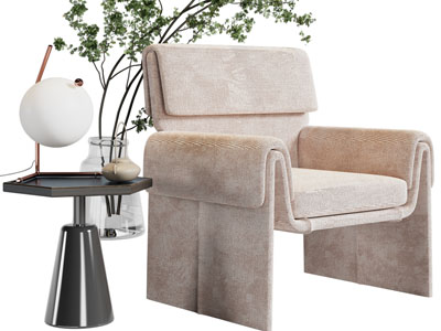 新中式单人沙发、边几3d模型 新中式单人沙发、边几