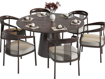 新中式圆形实木餐桌椅组合