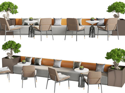 新中式加长多人沙发、盆景盆栽3d模型 新中式加长多人沙发、盆景盆栽