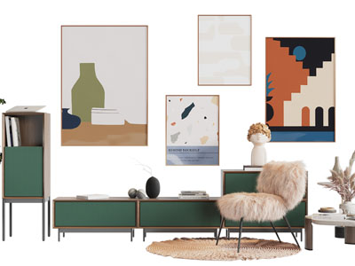 现代轻奢拼接电视柜、装饰画、休闲椅子