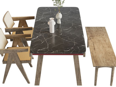侘寂风长方形黑色大理石餐桌椅组合