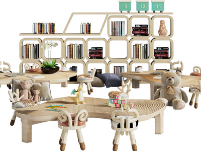 北欧儿童桌椅组合、实木书架