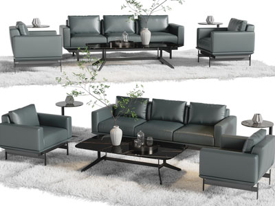 现代皮质多人、单人沙发和茶几组合