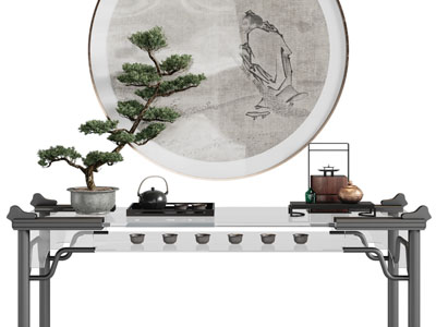 新中式端景台、盆景3d模型 新中式端景台、盆景