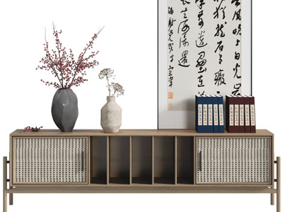 侘寂风电视柜、花瓶花卉摆件