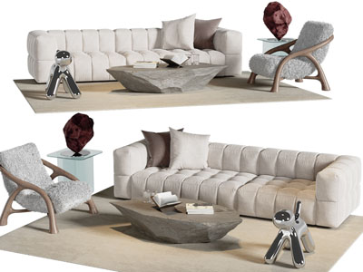 现代布艺多人沙发、休闲椅子和茶几组合