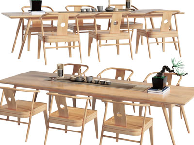 新中式长方形实木茶桌椅组合