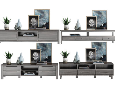 新中式长方形实木电视柜、摆件组合