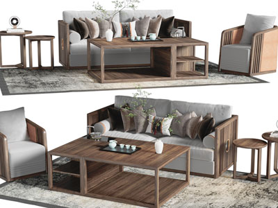 新中式双人、单人沙发、茶几组合