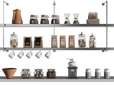 现代搁架上的调味瓶、厨具