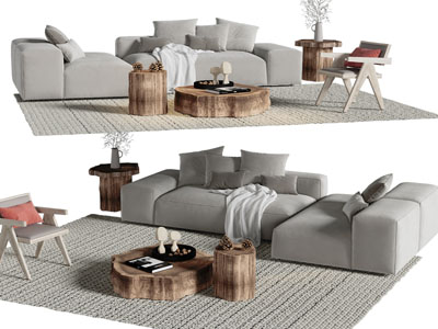 现代多人沙发、休闲椅子和茶几组合