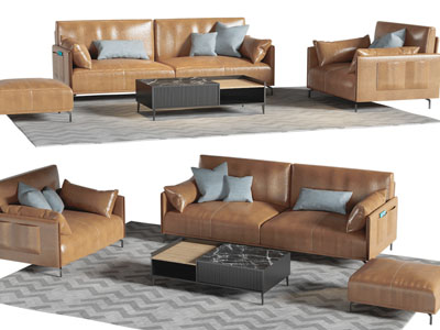 现代皮质双人、单人沙发、沙发凳茶几组合
