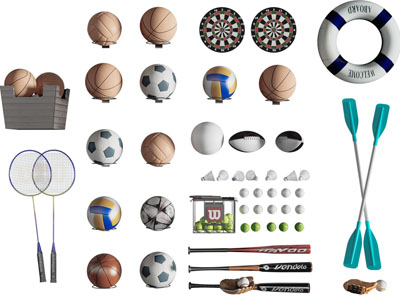 现代篮球、橄榄球、羽毛球体育设备3d模型 现代篮球、橄榄球、羽毛球体育设备