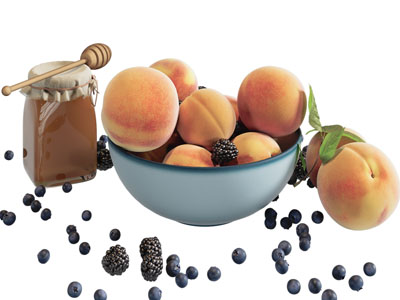 现代碗装桃子、蜂蜜
