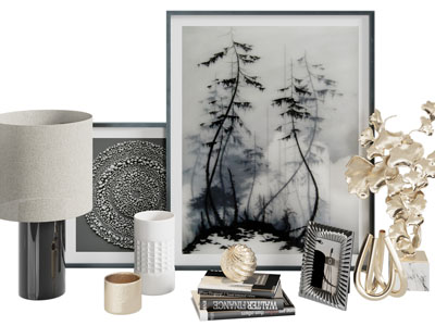 现代台灯、书籍、背景画摆件组合