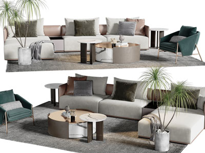 现代转角多人沙发、休闲椅子和茶几组合