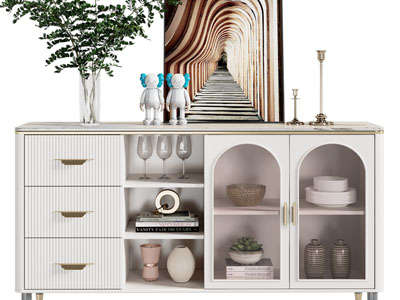 现代白色餐边柜、摆件组合