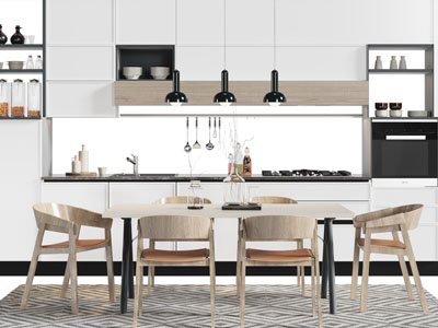 现代餐桌椅组合、餐边柜