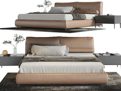 现代皮质双人床、床头柜