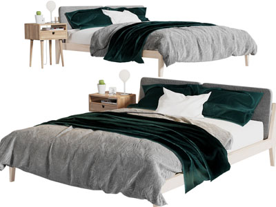 北欧实木双人床、床头柜