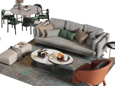 现代多人、单人沙发、茶几和餐桌椅组合
