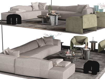 现代转角多人沙发、休闲椅子和茶几组合