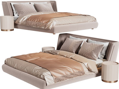 现代轻奢双人床、圆形床头柜