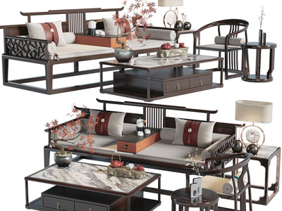新中式实木多人、单人沙发、茶几边几组合