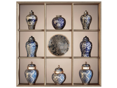 现代置物架上的青花瓷陶器