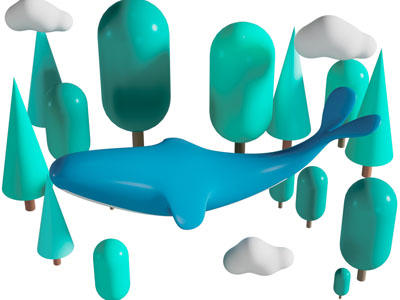 现代卡通鲸鱼、树木摆件组合