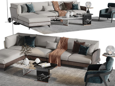 现代转角多人、单人沙发、茶几组合