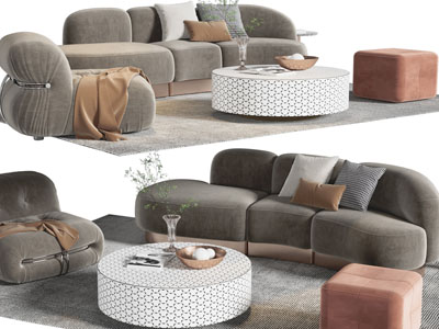 现代布艺多人、单人沙发和茶几组合