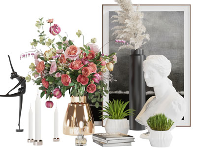 现代花瓶花卉、烛台、书籍摆件组合