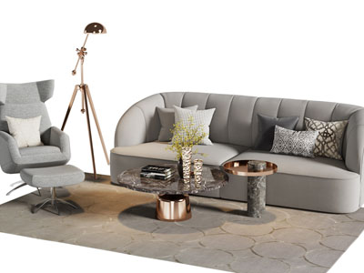 现代多人沙发、休闲椅子和茶几组合