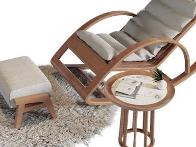 日式实木躺椅、脚踏和边几