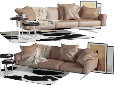 现代皮革多人沙发、地画和边几组合