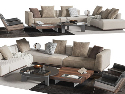 现代转角布艺多人沙发、茶几组合
