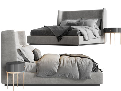 现代高靠背双人床、床头柜