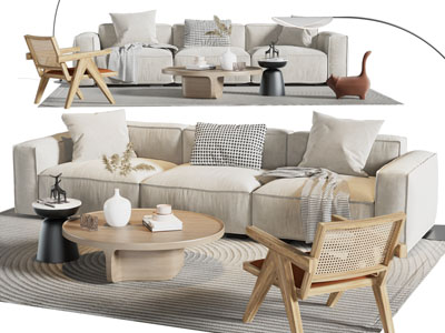 现代布艺多人沙发、茶几组合