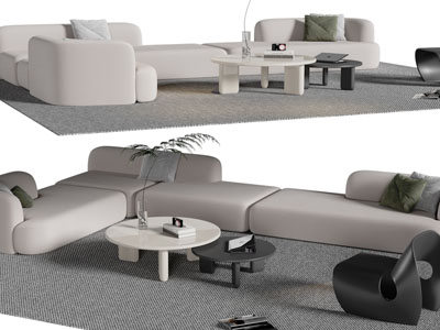 现代布艺转角多人沙发、休闲椅子和茶几组合