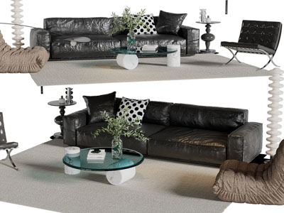 现代皮质双人沙发、懒人沙发和茶几组合