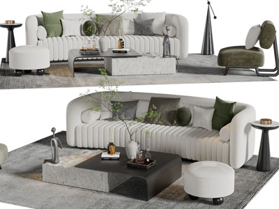 现代多人沙发、圆形坐墩、茶几组合