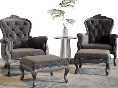 法式单人沙发、脚凳、边几3d模型 法式单人沙发、脚凳、边几