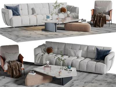 现代布艺多人沙发、休闲沙发椅和茶几组合