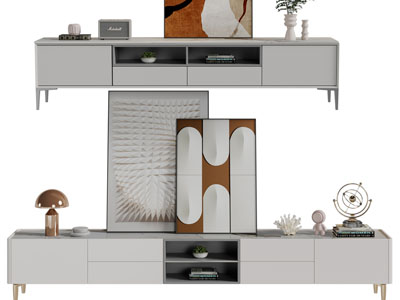 现代电视柜、背景装饰画、摆件