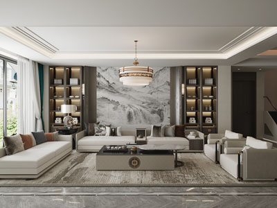 新中式客厅、楼梯间